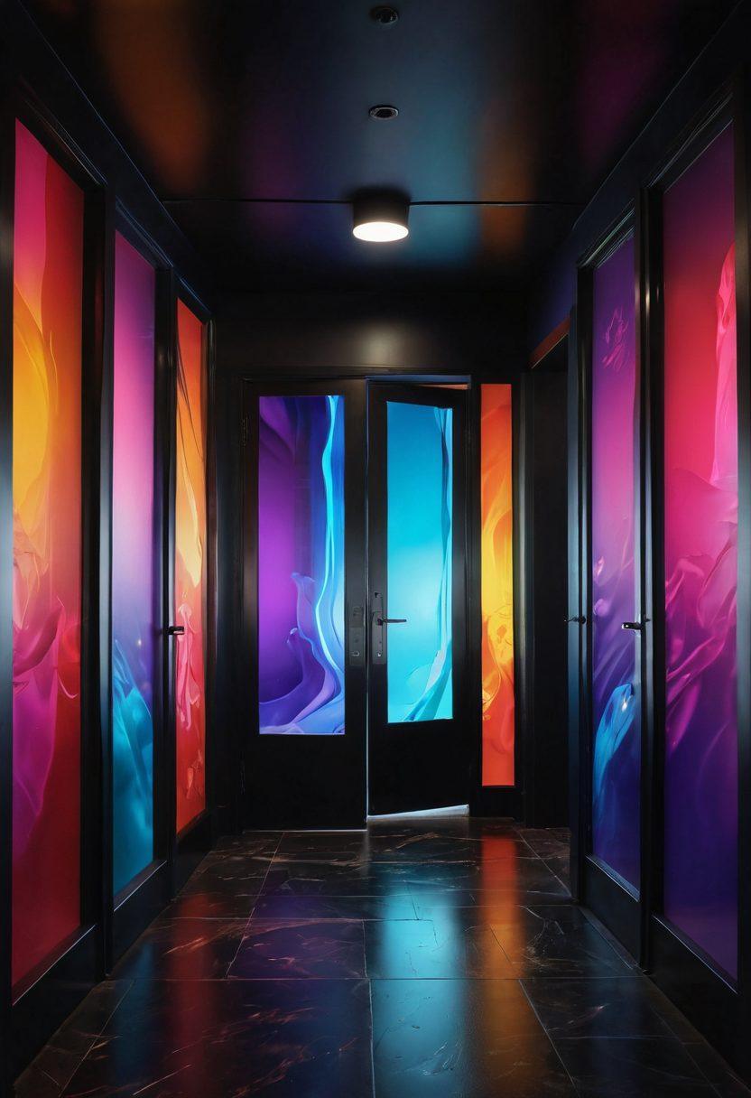 A vibrant gateway adorned with seductive silhouettes, beckoning viewers into a digital world of adult video platforms. Surrounding the entrance are abstract representations of various popular streaming icons, interspersed with tantalizing imagery that evokes curiosity and allure. The colors should be rich and enticing, with a touch of mystery in the background. This scene should radiate a sense of exploration and discovery. hyper-realistic. vibrant colors. dark background.