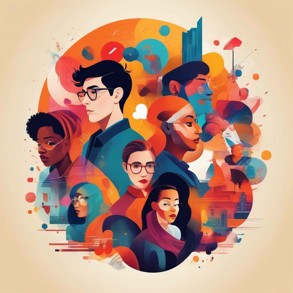 A dynamic collage showcasing various aspects of adult media, featuring a spectrum of diverse characters and scenarios, blending traditional and digital themes. Include subscription service icons intertwined with bold colors and abstract shapes to symbolize the transition from niche to mainstream. Integrate a subtle background that hints at an online platform, offering a sense of community and acceptance. Enhance the image with a modern and playful art style, using vibrant colors and clean lines. vector art. vibrant colors.